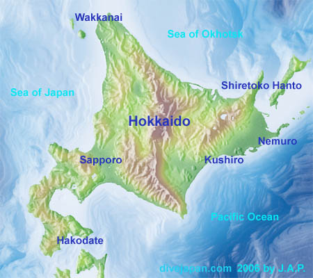Map of Hokkaido - Relief, Drift Ice Diving - Shiretoko Peninsula